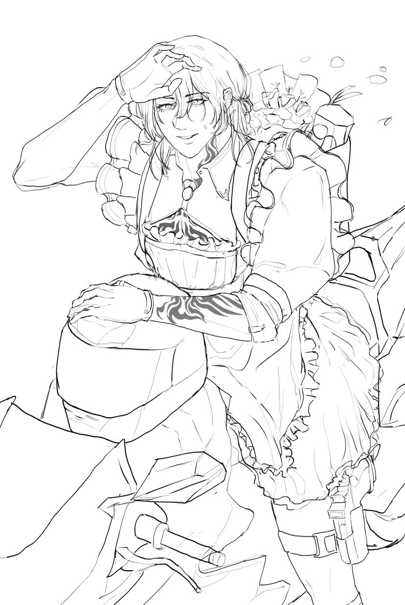 Two characters, full body, black and white