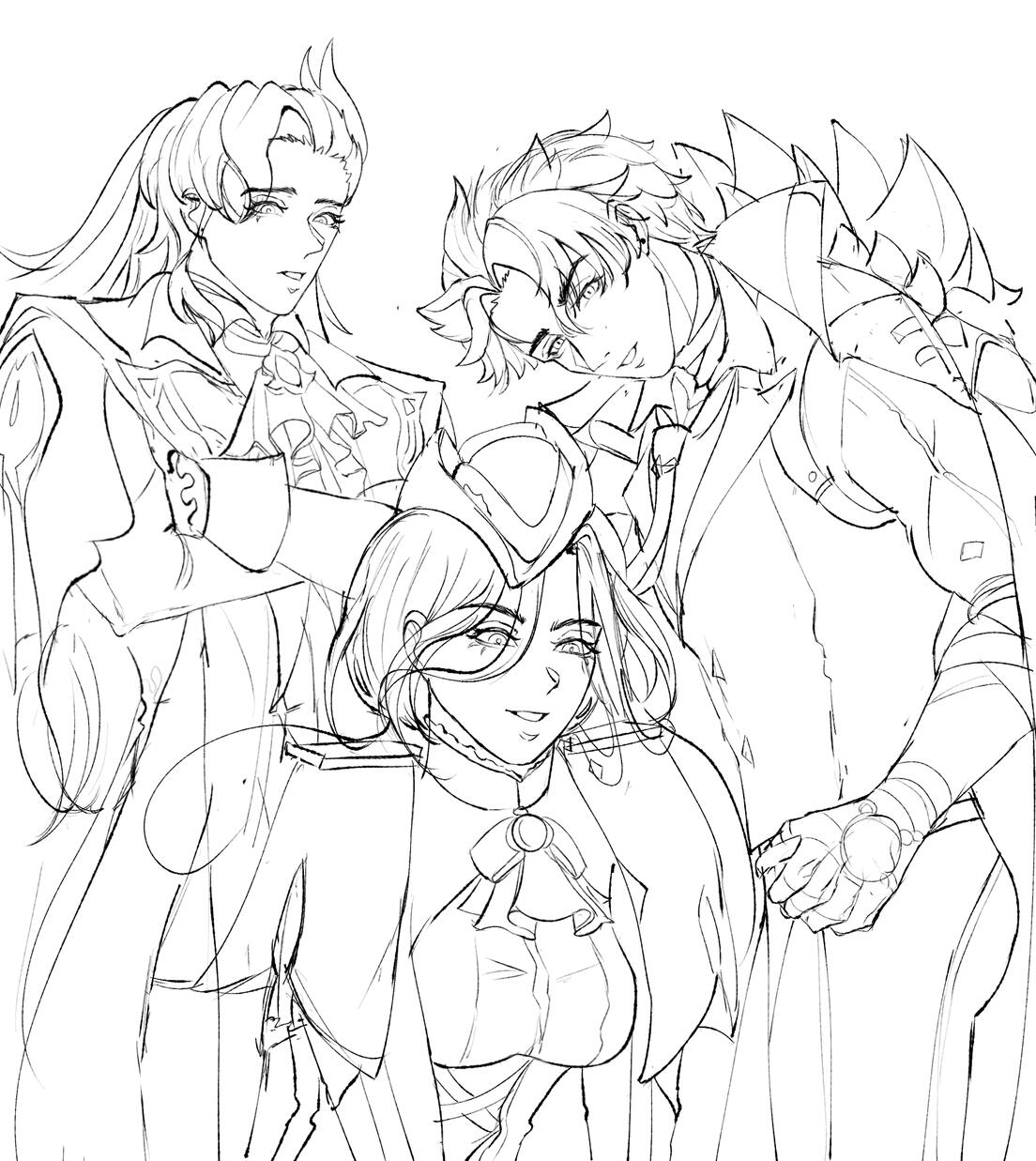 Three characters, clean lineart Three characters, clean lineart